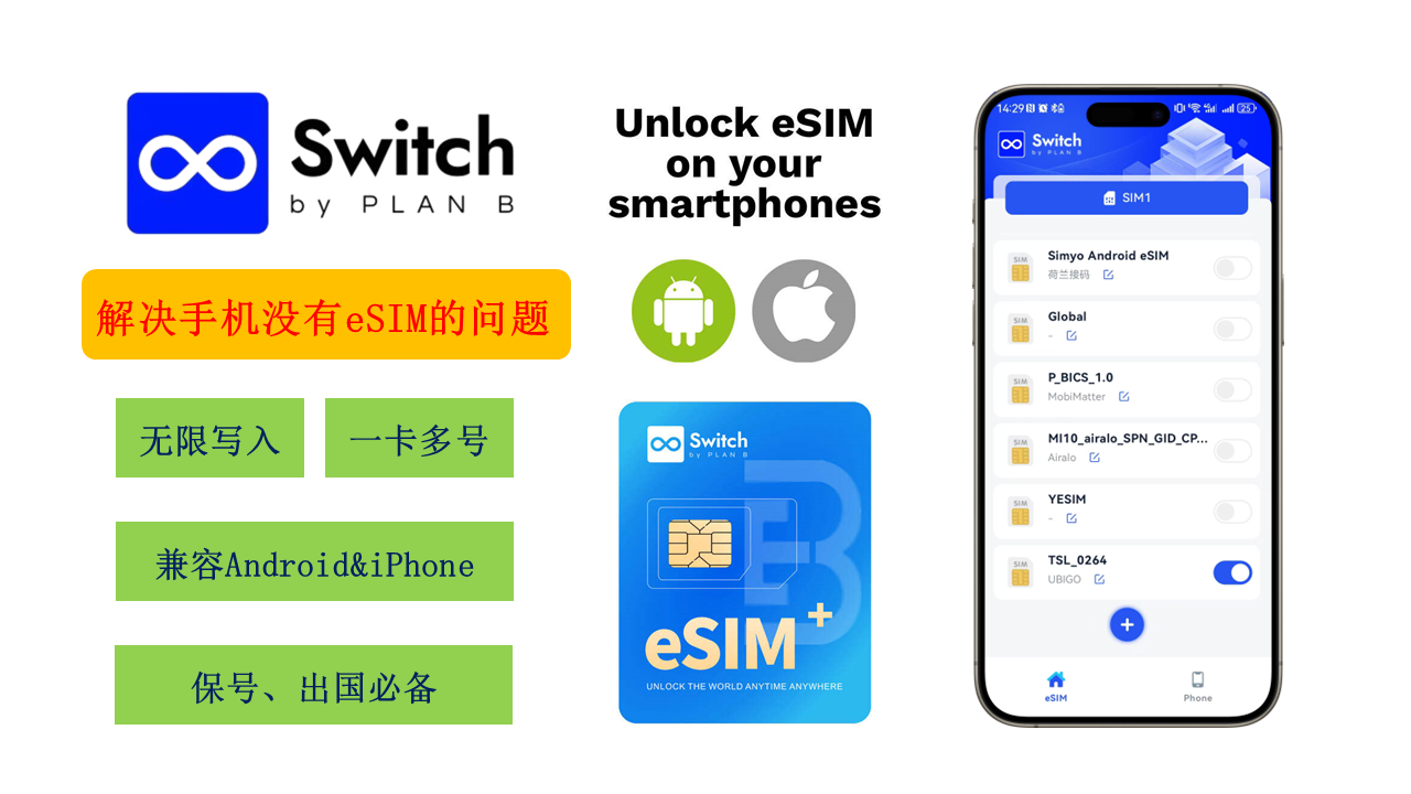 Switch eSIM | 解决国内手机没有eSIM的问题 | 无限写入 | 兼容Android&iPhone | 一卡多号 | 保号、出国必备